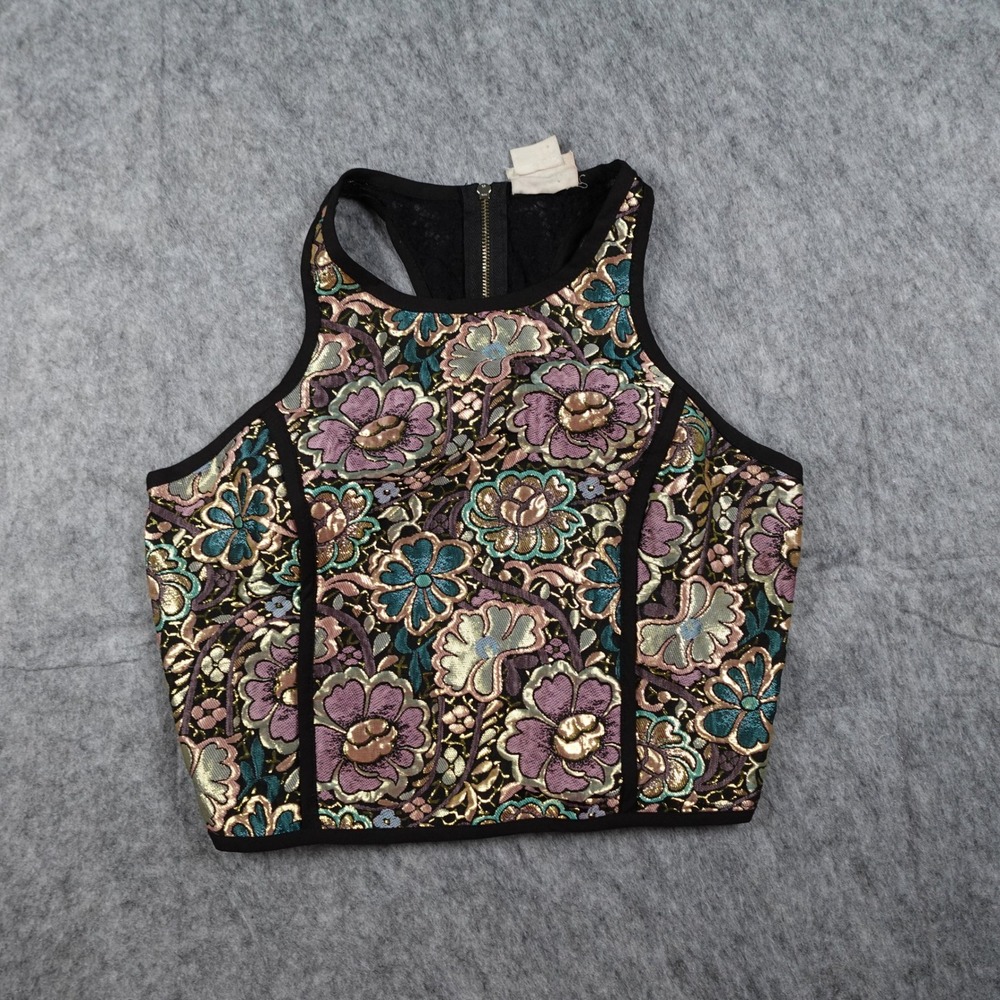 Coincidence Chance Top Women Small Multi‎ Floral Metallic Brocade Lace Racerback